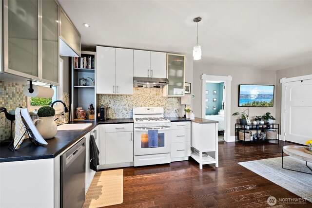 6311 46th Ave SW, Seattle, WA 98136 - kitchen with white gas range, stainless steel dishwasher, a sink, dark countertops, and open shelves