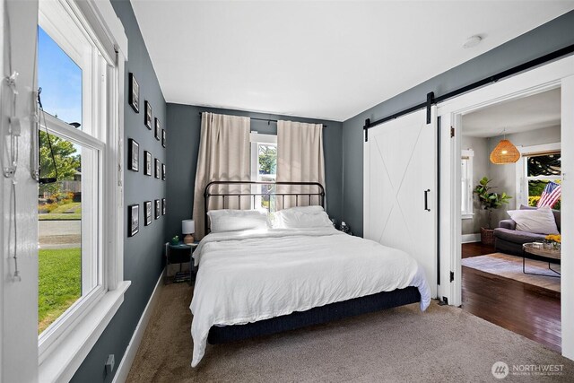 6311 46th Ave SW, Seattle, WA 98136 - bedroom with multiple windows, a barn door, and baseboards