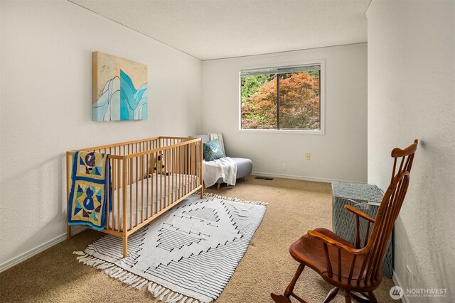 19924 31st Dr SE, Bothell, WA 98012 - carpeted bedroom with baseboards, a crib, and a textured wall