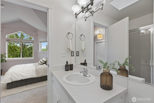 11570 Stone Ave N Unit A-102, Seattle, WA 98133 - ensuite bathroom featuring a skylight, vanity, and lofted ceiling