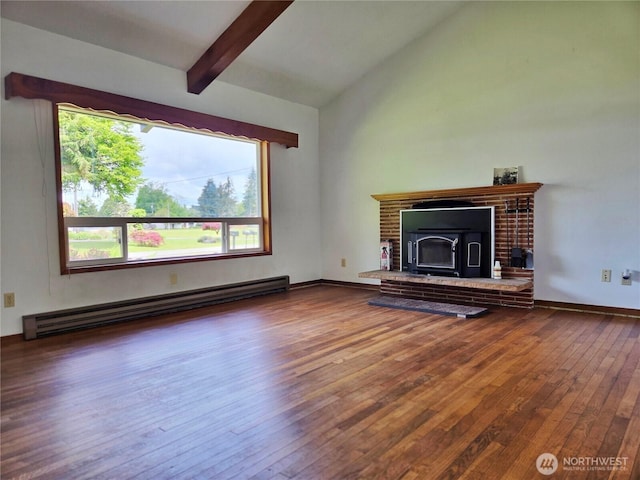 810 H St, Forks, WA 98331 - unfurnished living room featuring a baseboard radiator, hardwood / wood-style floors, beam ceiling, high vaulted ceiling, and a fireplace