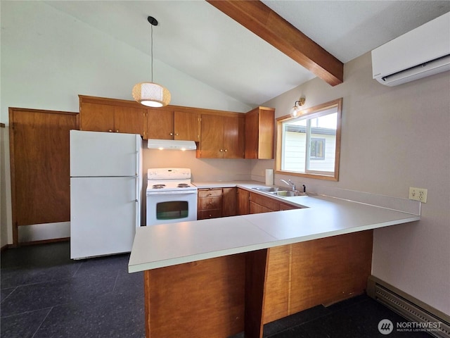 810 H St, Forks, WA 98331 - kitchen featuring white appliances, under cabinet range hood, a wall mounted air conditioner, brown cabinets, and light countertops