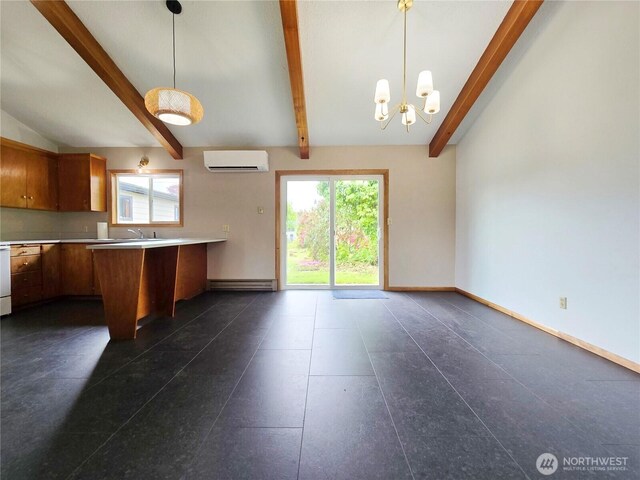 810 H St, Forks, WA 98331 - kitchen with brown cabinetry, plenty of natural light, a baseboard radiator, and a wall mounted AC