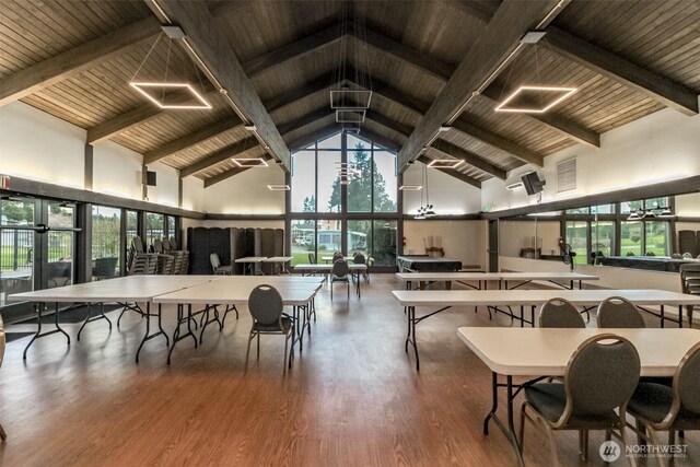 2101 S 324th St Unit 136, Federal Way, WA 98003 - dining area with high vaulted ceiling, wood ceiling, wood finished floors, beamed ceiling, and healthy amount of natural light