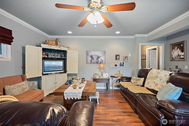 1027 S 60th St, Tacoma, WA 98408 - living room with ornamental molding, dark wood-type flooring, ceiling fan, recessed lighting, and baseboards