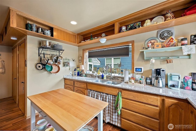 1027 S 60th St, Tacoma, WA 98408 - kitchen featuring open shelves, a sink, dark wood-style flooring, light countertops, and recessed lighting