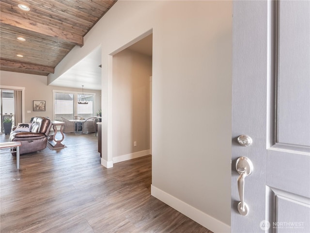 2611 Paisley St SE, East Wenatchee, WA 98802 - hallway featuring wooden ceiling, baseboards, wood finished floors, beam ceiling, and recessed lighting