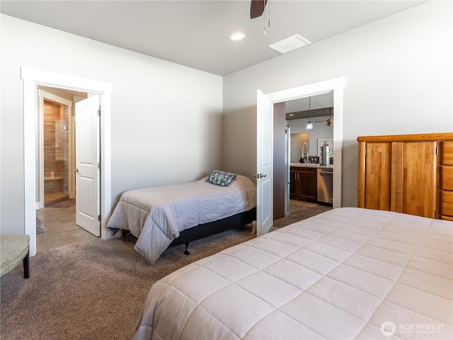 2611 Paisley St SE, East Wenatchee, WA 98802 - bedroom featuring carpet floors, ensuite bathroom, a sink, recessed lighting, and ceiling fan