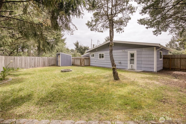 184 Frigate St NW, Ocean Shores, WA 98569 - view of yard with an outdoor structure, a shed, and an outdoor fire pit