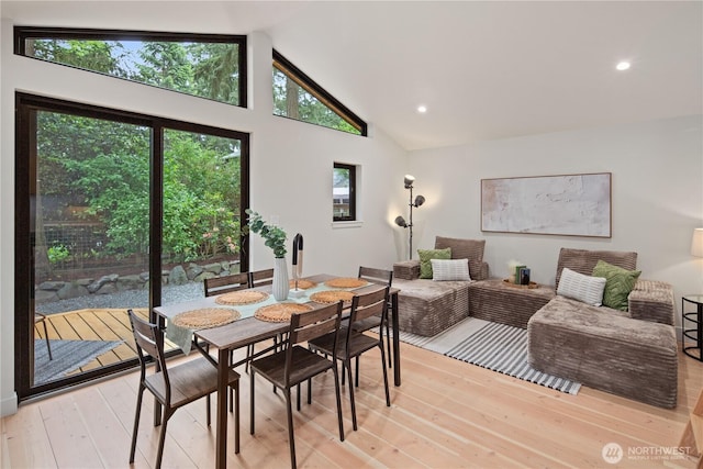 16044 33rd Ave NE, Lake Forest Park, WA 98155 - dining space featuring light wood-style floors, high vaulted ceiling, and recessed lighting