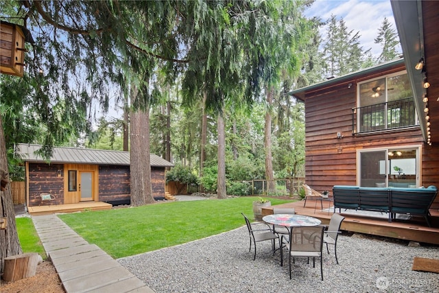 16044 33rd Ave NE, Lake Forest Park, WA 98155 - view of yard featuring outdoor lounge area, a wooden deck, an outdoor structure, a patio, and outdoor dining space