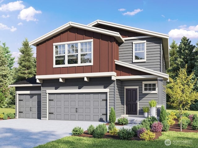 view of front of property with board and batten siding, an attached garage, and concrete driveway