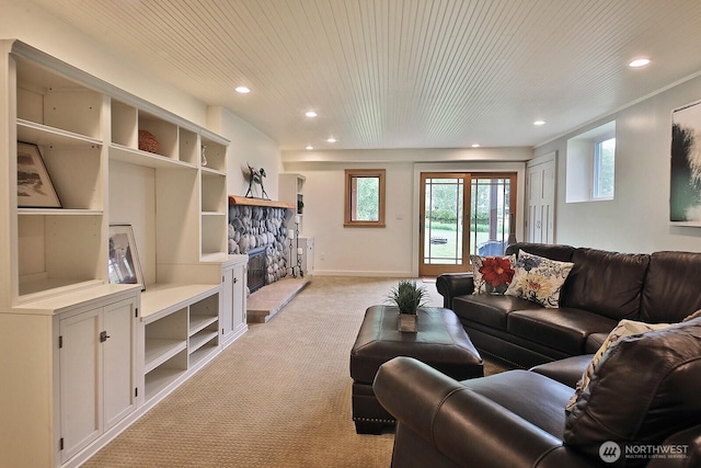 5066 Bayview Rd, Langley, WA 98260 - living area with light carpet, recessed lighting, and wooden ceiling