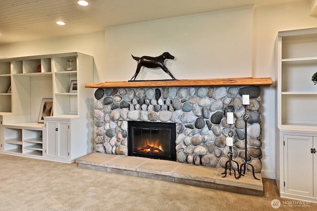 5066 Bayview Rd, Langley, WA 98260 - detailed view of carpet flooring, a stone fireplace, and recessed lighting