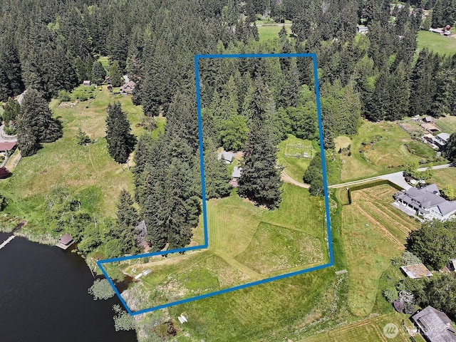 5066 Bayview Rd, Langley, WA 98260 - aerial view of property and surrounding area with a nearby body of water and property parcel outlined