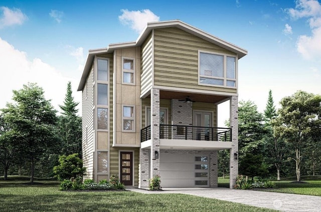 13041 75th Pl S, Seattle, WA 98178 - view of front of property with a balcony, driveway, a garage, ceiling fan, and a front yard