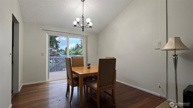 3732 S 254th Pl, Kent, WA 98032 - dining room with a textured ceiling, a chandelier, dark wood-type flooring, lofted ceiling, and baseboards