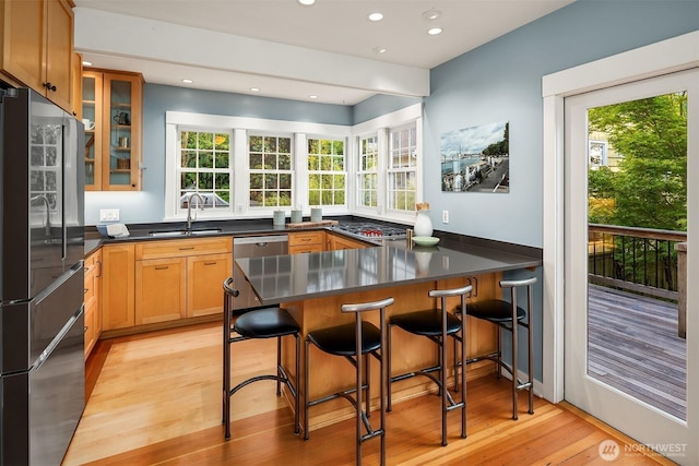 3227 37th Ave S, Seattle, WA 98144 - kitchen with appliances with stainless steel finishes, a sink, a peninsula, glass insert cabinets, and a breakfast bar
