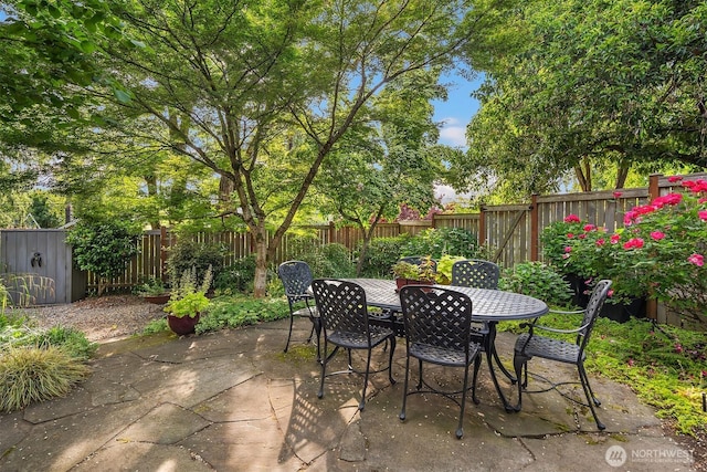 3227 37th Ave S, Seattle, WA 98144 - fenced backyard with a patio area, outdoor dining area, and a shed