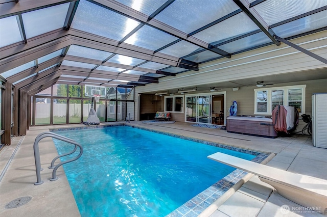 1400 Westpoint Pl, Wenatchee, WA 98801 - indoor pool with a ceiling fan, a hot tub, a patio, and glass enclosure