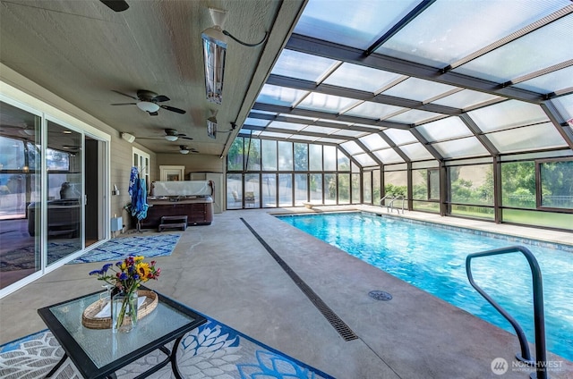 1400 Westpoint Pl, Wenatchee, WA 98801 - indoor pool featuring a ceiling fan, a patio, and glass enclosure