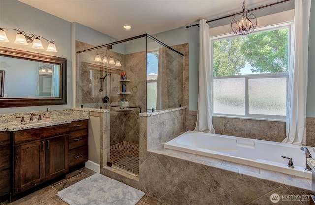 1400 Westpoint Pl, Wenatchee, WA 98801 - full bathroom with a bath, a shower stall, vanity, tile patterned flooring, and recessed lighting