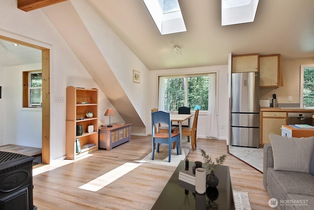 3425 Passage Way, Langley, WA 98260 - living area featuring light wood-type flooring, lofted ceiling, a skylight, and baseboards