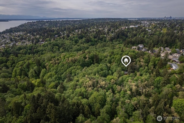 aerial view of property and surrounding area featuring a forest and a large body of water