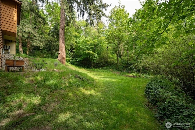 view of yard featuring a forest view