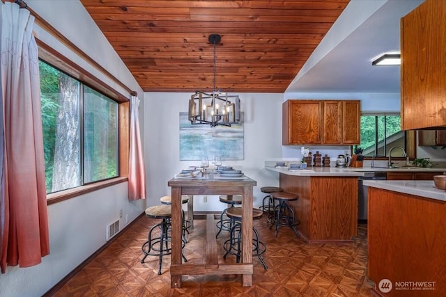 kitchen with brown cabinets, wood ceiling, lofted ceiling, stainless steel dishwasher, and decorative light fixtures