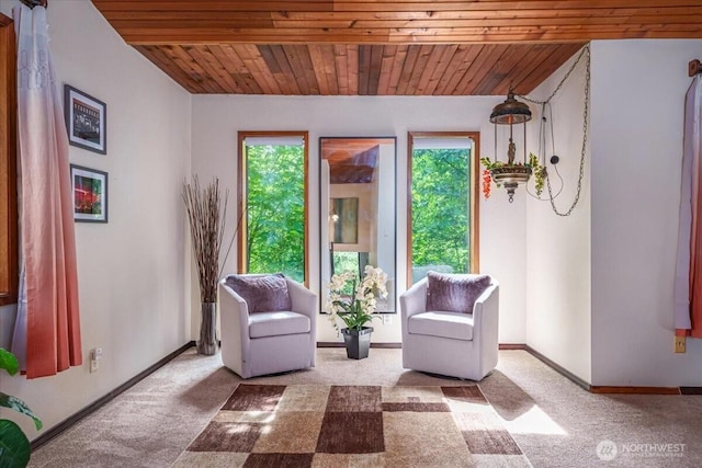 living area featuring carpet floors, wooden ceiling, and baseboards