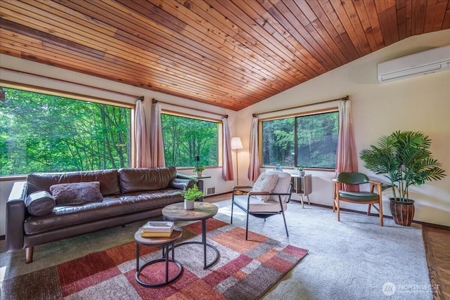 living room with lofted ceiling, a wall mounted AC, baseboards, and wooden ceiling