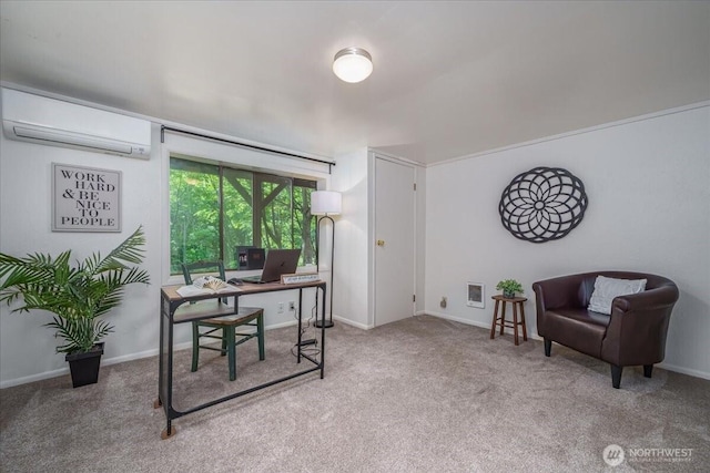 office area with a wall mounted air conditioner, carpet, and baseboards