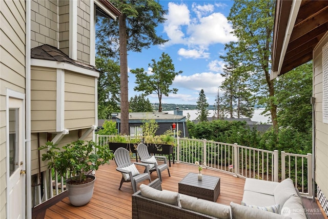 8526 E Mercer Way, Mercer Island, WA 98040 - wooden deck with an outdoor hangout area and a water view