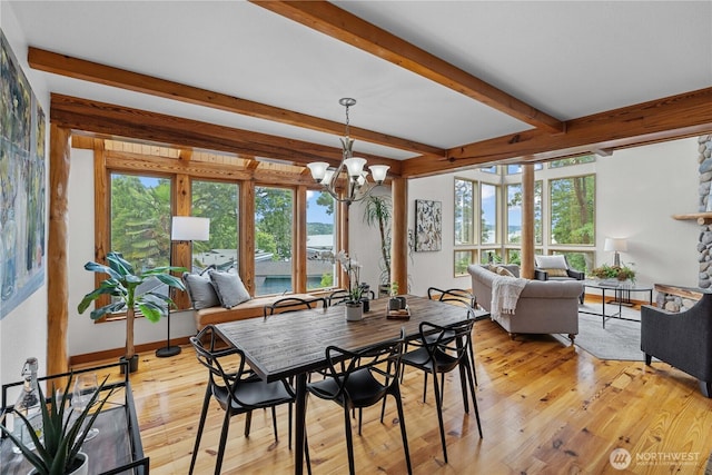 8526 E Mercer Way, Mercer Island, WA 98040 - dining room featuring beam ceiling, a chandelier, light wood-style floors, and a water view