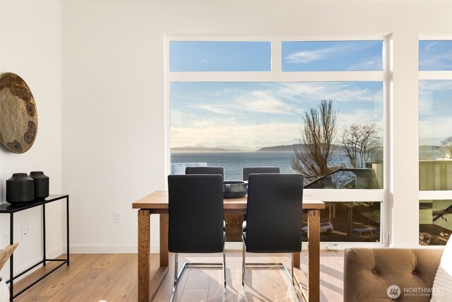 3831 59th Ave SW, Seattle, WA 98116 - dining room featuring wood finished floors, a water view, and baseboards