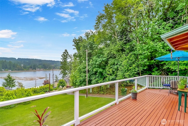 7509 145th St NW, Gig Harbor, WA 98329 - wooden deck featuring a water view and a lawn