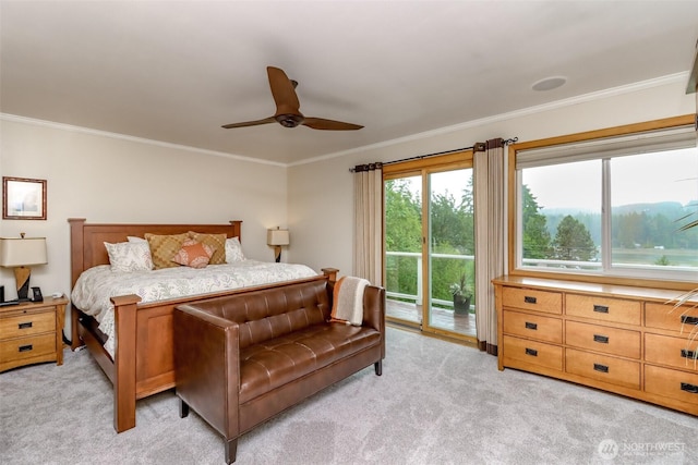 7509 145th St NW, Gig Harbor, WA 98329 - bedroom featuring access to exterior, light carpet, crown molding, and ceiling fan