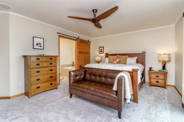 7509 145th St NW, Gig Harbor, WA 98329 - bedroom featuring light colored carpet, crown molding, baseboards, ensuite bathroom, and ceiling fan