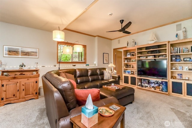 7509 145th St NW, Gig Harbor, WA 98329 - living area with carpet flooring, ceiling fan, and crown molding