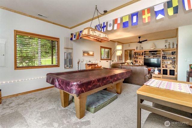 7509 145th St NW, Gig Harbor, WA 98329 - recreation room with carpet, crown molding, plenty of natural light, billiards, and ceiling fan