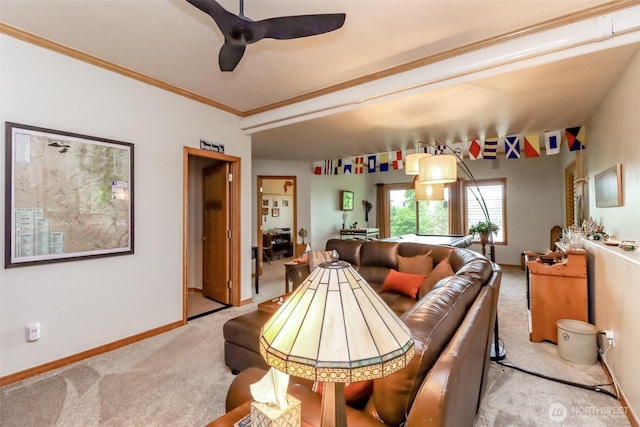 7509 145th St NW, Gig Harbor, WA 98329 - living room featuring light colored carpet, ceiling fan, baseboards, and ornamental molding