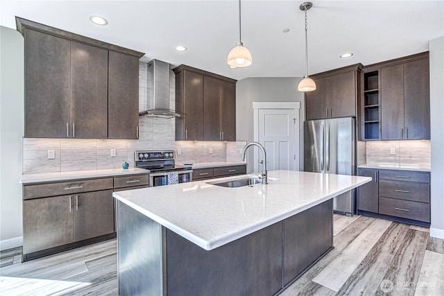 985 Spring Mountain Dr, Wenatchee, WA 98801 - kitchen featuring wall chimney exhaust hood, stainless steel appliances, open shelves, dark brown cabinets, and recessed lighting