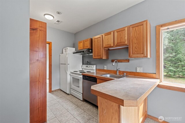 12111 W Shugart Flats Rd, Leavenworth, WA 98826 - kitchen featuring a sink, white appliances, a peninsula, under cabinet range hood, and light tile patterned floors