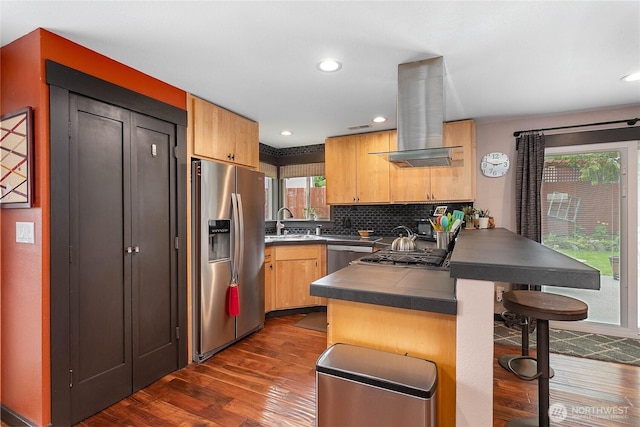 839 St Andrews Way, Bellingham, WA 98229 - kitchen featuring appliances with stainless steel finishes, dark countertops, a sink, island exhaust hood, and dark wood finished floors