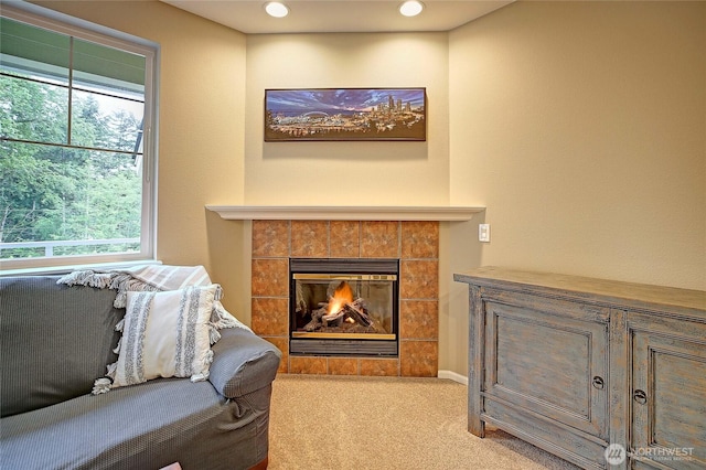 13000 Admiralty Way Unit A305, Everett, WA 98204 - living area featuring carpet flooring, plenty of natural light, a fireplace, and recessed lighting
