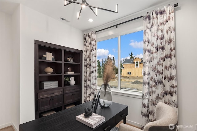 office with baseboards, a chandelier, and recessed lighting