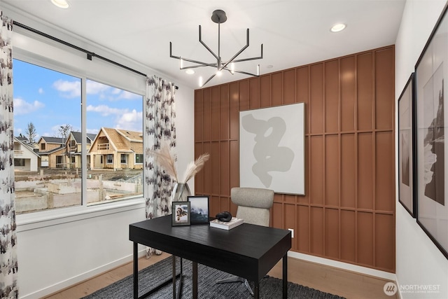home office featuring a chandelier, wood finished floors, recessed lighting, and baseboards