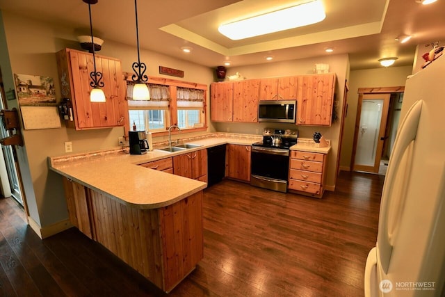 kitchen featuring stainless steel appliances, a sink, a raised ceiling, a peninsula, and light countertops