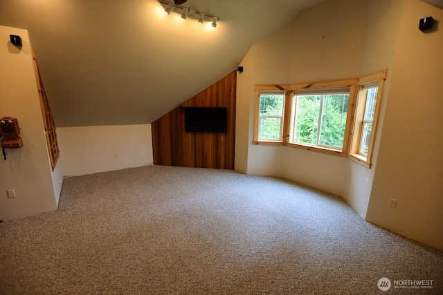 bonus room with carpet floors, vaulted ceiling, and wood walls